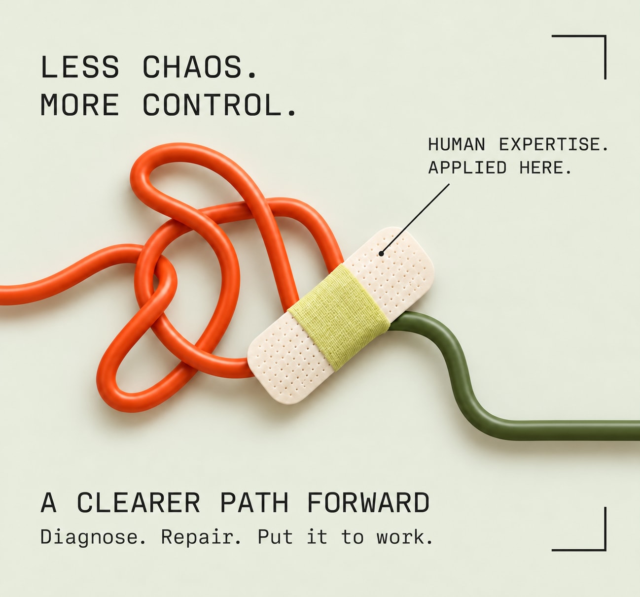 A bandage repairs a tangled orange cable into a clean green path. Less chaos. More control. Human expertise applied here. A clearer path forward: diagnose, repair, put it to work.
